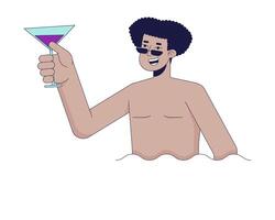 Mann halten Cocktail im Schwimmbad 2d linear Karikatur Charakter. spanisch männlich mit Glas im Wasser isoliert Linie Vektor Person Weiß Hintergrund. am Pool Party Spaß Farbe eben Stelle Illustration