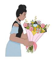 jung schwarz Frau bekommen Strauß 2d linear Karikatur Charakter. afrikanisch amerikanisch weiblich isoliert Linie Vektor Person Weiß Hintergrund. Freundin halten Blumen- Anordnung Farbe eben Stelle Illustration