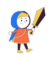 leende pojke med svärd 2d linjär tecknad serie karaktär. modig liten krigare. äventyrare isolerat linje vektor person vit bakgrund. kostym fest för barn Färg platt fläck illustration