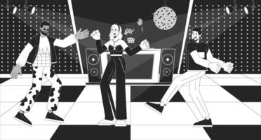 Disko Party schwarz und Weiß Linie Illustration. retro Stil Musik. glücklich freunde Tanzen während dj einstellen 2d Zeichen einfarbig Hintergrund. Nachtclub Atmosphäre Gliederung Szene Vektor Bild