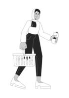 Muslim Hijab Frau mit Einkaufen Korb schwarz und Weiß 2d Linie Karikatur Charakter. Lebensmittel Kauf weiblich isoliert Vektor Gliederung Person. halten Wasser Flasche monochromatisch eben Stelle Illustration