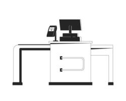 Supermarkt Auschecken Zähler schwarz und Weiß 2d Linie Karikatur Objekt. Lebensmittelgeschäft Geschäft Auschecken mit pos Terminal isoliert Vektor Gliederung Artikel. pos Restaurant monochromatisch eben Stelle Illustration