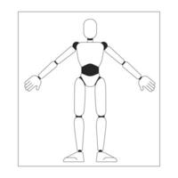 Modell- von Cyborg auf Papier Blatt schwarz und Weiß 2d Linie Karikatur Charakter. Humanoid Roboter Zeichnung isoliert Vektor Gliederung Persönlichkeit. futuristisch Ingenieurwesen Projekt monochromatisch eben Stelle Illustration