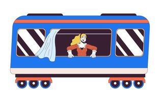 upphetsad kvinna från tåg fönster 2d linjär tecknad serie karaktär. blond caucasian kvinna järnväg resande isolerat linje vektor person vit bakgrund. järnväg passagerare Färg platt fläck illustration