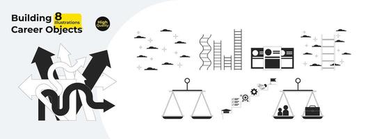 byggnad karriär svart och vit 2d linje tecknad serie objekt bunt. skalor balans, stegar isolerat vektor översikt objekt samling. professionell prestation mål enfärgad platt fläck illustrationer