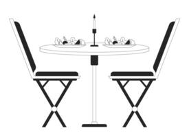 romantisk middag tabell stolar svart och vit 2d linje tecknad serie objekt. restaurang måltid plattor förbi levande ljus isolerat vektor översikt Artikel. datum natt förbi ljus ljus enfärgad platt fläck illustration