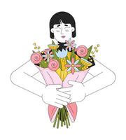 öm mor bukett 2d linjär tecknad serie karaktär. kramas blommor asiatisk kvinna isolerat linje vektor person vit bakgrund. romantisk överraskning födelsedag, 8 Mars Färg platt fläck illustration