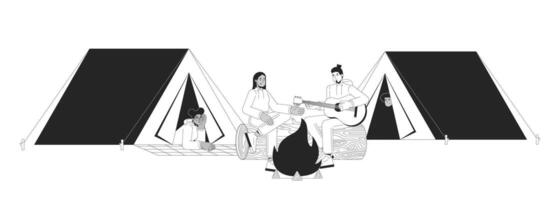 Lagerfeuer freunde Camping Zelte schwarz und Weiß 2d Linie Karikatur Figuren. Lagerfeuer spielen Gitarre vielfältig isoliert Vektor Gliederung Personen. Ferien Zusammengehörigkeit monochromatisch eben Stelle Illustration