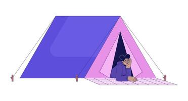 svart flicka liggande på camping tält 2d linjär tecknad serie karaktär. afrikan-amerikan kvinna studerande isolerat linje vektor person vit bakgrund. reslust vandrare kvinna Färg platt fläck illustration