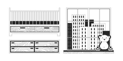 barnkammare möbel svart och vit 2d linje tecknad serie objekt uppsättning. byrå, Björn plysch fönsterbräda, spjälsäng säng isolerat vektor översikt objekt samling. barn sovrum enfärgad platt fläck illustrationer