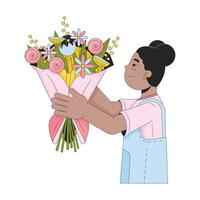 afrikansk amerikan flicka ger blommor 2d linjär tecknad serie karaktär. svart kvinna barn isolerat linje vektor person vit bakgrund. blommig arrangemang barndom söt Färg platt fläck illustration