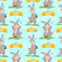 sömlös mönster med rolig glad kaniner med korg av påsk ägg och Lycklig påsk inskrift. vår karaktär omslag papper redo upprepa mall vektor