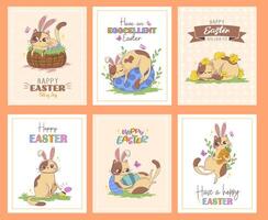 einstellen von Urlaub Karten zum Ostern mit ein süß Karikatur Katze im ein Hase passen und Wortspiel Sätze vektor