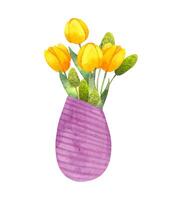 sammansättning av gul tulpaner i en vas. lila vas med blommor och grön löv. vattenfärg illustration. skiss av en enkel stiliserade stil. vår botanisk bukett för påsk. hand ritning.vektor vektor