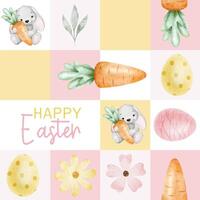 Ostern Frühling Aquarell nahtlos Muster mit Ostern Kaninchen, Eier, Möhren und Blumen. drucken zum Ostern Dekorationen. Vorlage zum Karten, Abdeckungen, Poster, Einladungen, Scrapbooking, Verpackung Papiere vektor