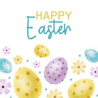 Lycklig påsk kort med gul, blå, lila påsk ägg, blommor och prickar. fyrkant påsk- mallar. vattenfärg illustrationer. mall för påsk kort, märka, posters och inbjudningar. vektor