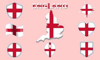 samling av platt nationell flaggor av England med Karta vektor