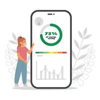 kvinna kontroller energi konsumtion med mobil app. energi betyg klass. eco vänlig. vektor illustration.