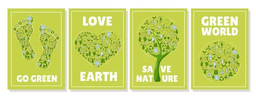 einstellen von Ökologie Poster, Grün Öko freundlich Baum, Herz, Fußabdruck, runden gefüllt mit ökologisch Vektor Symbole. Ökologie Konzept, Recycling Nachhaltigkeit, verlängerbar Energie, Netz Null Emissionen durch 2050