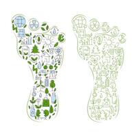 Grün Öko freundlich Fußabdruck gefüllt mit Ökologie Symbole. reduzieren Kohlenstoff Fußabdruck, Vektor Illustration. Ökologie Konzept, Recycling Nachhaltigkeit, verlängerbar Energie, Netz Null Emissionen durch 2050