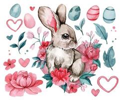 Aquarell zart einstellen mit Ostern Hase, Eier und Blumen. Pastell- Rosa vektor