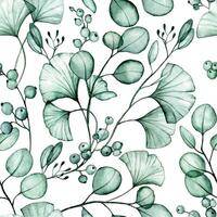 vattenfärg teckning. sömlös mönster med transparent eukalyptus och gingko löv. röntgen vektor