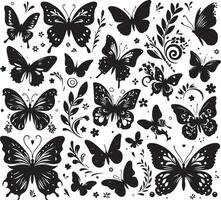 fjärilar och blommor, mönster med fjärilar, uppsättning av fjärilar, flygande fjärilar silhuett svart uppsättning isolerat på vit bakgrund vektor