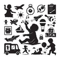 Kleinkind Kind Aktivität Silhouetten Illustration, einstellen von Kinder spielen mit Spielzeuge vektor