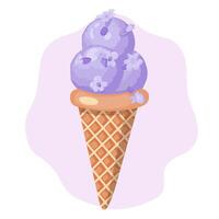 lavendel- is grädde. tre bollar av krämig ljuv efterrätt i en våffla kon. lila sorbet. vektor illustration på vit bakgrund.