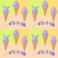 Lavendel Eis Creme. drei Schaufeln von cremig Süss Dessert im ein Waffel Kegel. lila Sorbet. nahtlos Muster. Vektor Illustration.