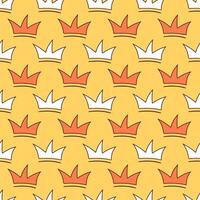 dragen kontur krona på en gul bakgrund. sömlös mönster vit och orange tiara. prins och prinsessa, kung och drottning. barn teckning. vektor illustration.