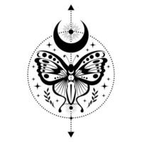 Mystiker schwarz Motte, Magie Schmetterling und Halbmond Mond, heilig Symbole zum Hexerei, Okkulte, Esoterik, drucken, Poster, Tätowierung. Vektor heidnisch magisch Siegel isoliert auf Weiß Hintergrund