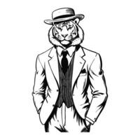 Anthrazit Humanoid Tiger tragen Geschäft Suite und Hut alt retro Jahrgang graviert Tinte skizzieren Hand gezeichnet Linie Kunst vektor