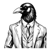 schwarz Krähe tragen Geschäft Suite retro Jahrgang graviert Tinte skizzieren Hand gezeichnet Linie Kunst vektor