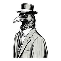 svart kråka fågel bär företag svit och hatt gammal retro årgång graverat bläck färgad skiss hand dragen linje konst vektor