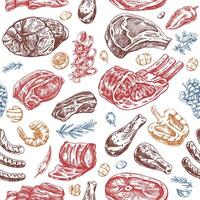 Fleisch und Gemüse nahtlos Muster im graviert Jahrgang Stil. handgemalt farbig Muster von Grill Fleisch Stücke mit Kräuter und Gewürze. Skizzen zum Fleisch Restaurant. vektor