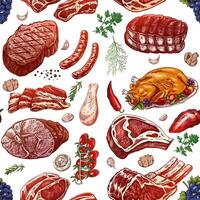 kött och grönsaker sömlös mönster i graverat årgång stil. ritad för hand färgad mönster av utegrill kött bitar med örter och kryddor. skisser för kött restaurang. vektor