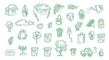 einstellen von Ökologie. Hand gezeichnet Design Vektor Illustration. Ökologie Problem, Recycling und Grün Energie Symbole im Gekritzel Stil.