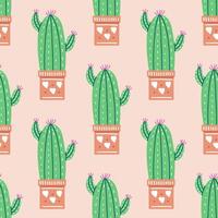 ritad för hand vektor sömlös mönster av kaktus. platt stil illustration av taggig växt, blomning kaktus, saftig växt i färgrik keramisk pott. Hem växt, mexico kaktus blomma.