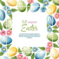 Hintergrund mit Ostern Eier und Blumen. Postkarte, Banner zum Ostern. Frühling Zeit. Rahmen mit bunt Eier. vektor