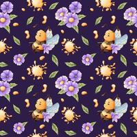 nahtlos Muster mit Honig Bienen mit Blumen und Honig. Kinder- Stoff Design. Sommer- Illustration. Süss Biene Blumen- drucken. vektor