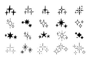 linje skiss stjärna. klotter klottra glitter och gnistrar. tecknad serie bläck glans ljus ikon. hand dragen gnista element och grupp stjärnor isolerat på vit bakgrund. vektor uppsättning