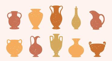 keramik vas silhuetter. annorlunda gammal krukmakeri, dekorativ kärl, lera kannor, dekor kanna. kreativ vaser former i platt stil isolerat, vektor uppsättning