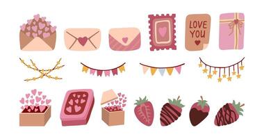 söt kärlek brev, gåva låda med hjärtan, girlanger. hand dragen illustrationer för valentines dag vektor