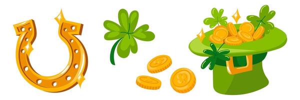 en hatt uppsättning med mynt, klöver och en gyllene hästsko för st. Patricks dag. isolerat vektor objekt för Bra tur, för rikedom för en Semester. grön och guld är de huvud färger av de irländsk Semester