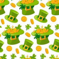 hatt mönster med klöver och guld mynt. vektor sömlös mönster för st. Patricks dag. grön pyssling hatt och guld mynt i den på en vit bakgrund. tur, rikedom, blomma, Semester, förpackning, upprepa