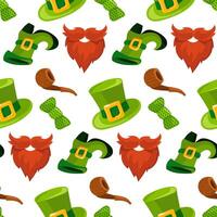 Muster ist ein Grün Hut, Bart, Schuh, Rohr, Schmetterling. Vektor nahtlos Muster zum st. Patrick's Tag. Attribute von ein Kobold sind nahtlos zum gut Glück auf ein Weiß. Glück, Urlaub, Verpackung, wiederholen