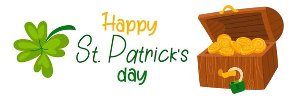 komisch glücklich st. Patrick's Tag Inschriften und ein Truhe mit Kobold Münzen zum Poster, Flyer, Postkarten, Einladungen, Aufkleber, Banner, Geschenke. Vektor Illustration von ein modern Ire. horizontal