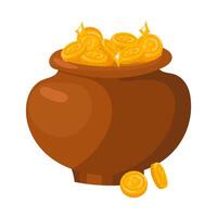 ein Lehm Kessel mit Gold Münzen ist isoliert. ein Vektor Bild von ein Container auf ein Weiß Hintergrund. Gold Münzen von Pirat Schätze, Kobold Reichtum von ein bilden von Vermögen. ein groß Box von Münzen