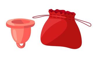 Menstruation- Tasse mit Lager Tasche. schützen das Umgebung von Frauen auf kritisch Tage. Vektor Illustration auf ein Weiß Hintergrund. Rosa Artikel zum Frauen während Menstruation mit ein Lager Container